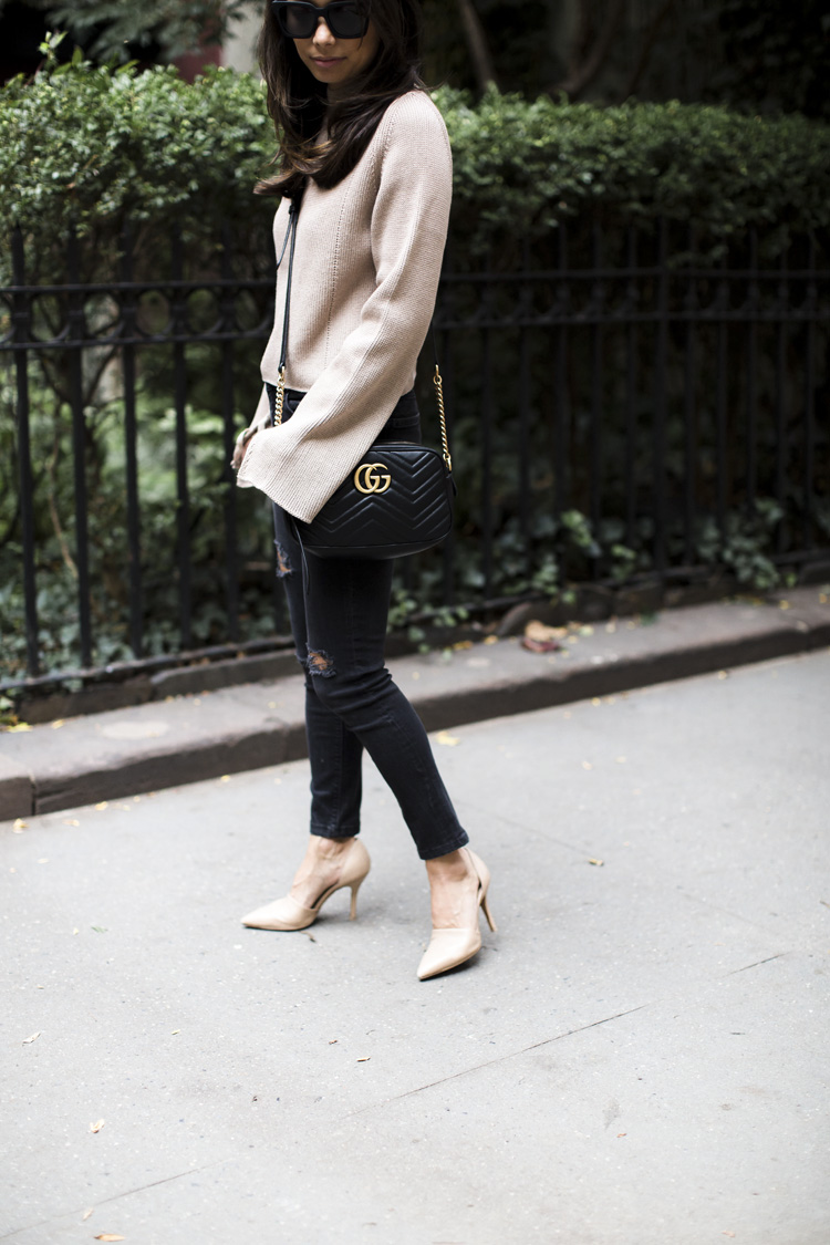 topshop sweater, lace sleeve sweater, nude heels, camel and black, nordstrom