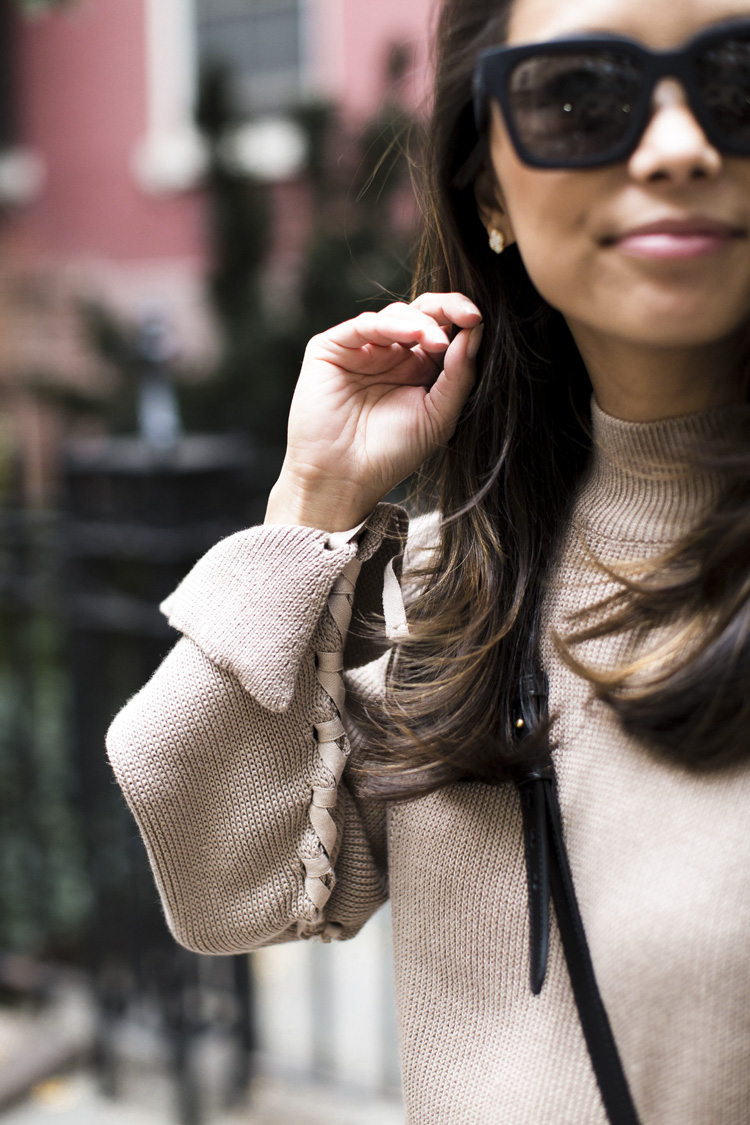 topshop sweater, lace sleeve sweater, nude heels, camel and black, nordstrom