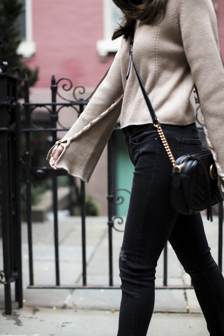 topshop sweater, lace sleeve sweater, nude heels, camel and black, nordstrom