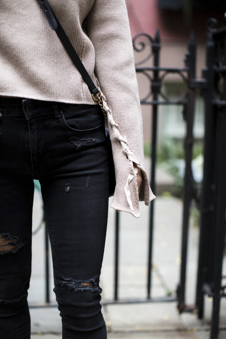 topshop sweater, lace sleeve sweater, nude heels, camel and black, nordstrom