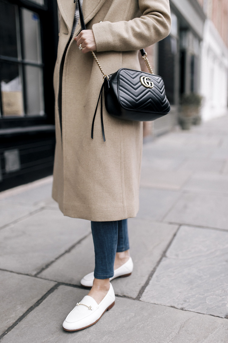 camel coat, white loafers, gucci bag, white sweater