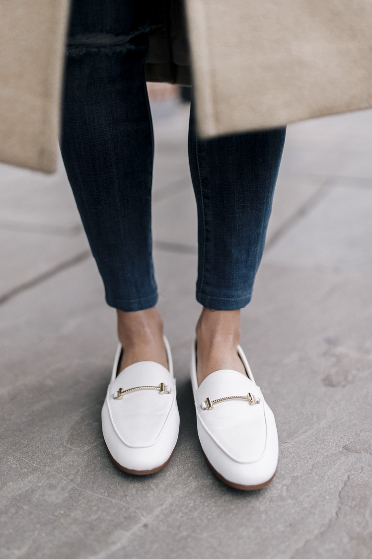 camel coat, white loafers, gucci bag, white sweater