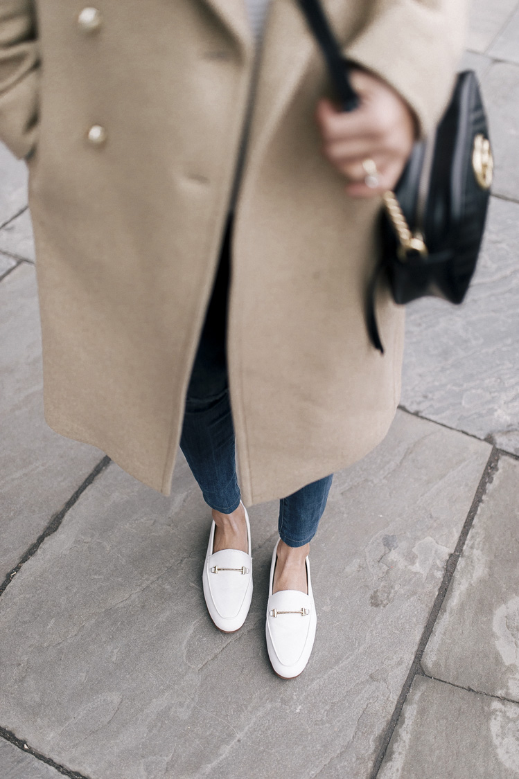 camel coat, white loafers, gucci bag, white sweater