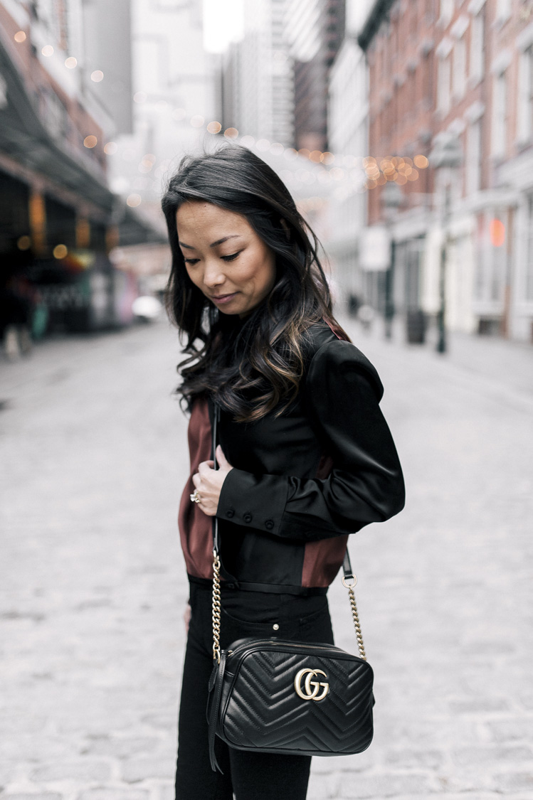 dvf blouse, gucci bag, suede booties, frame denim