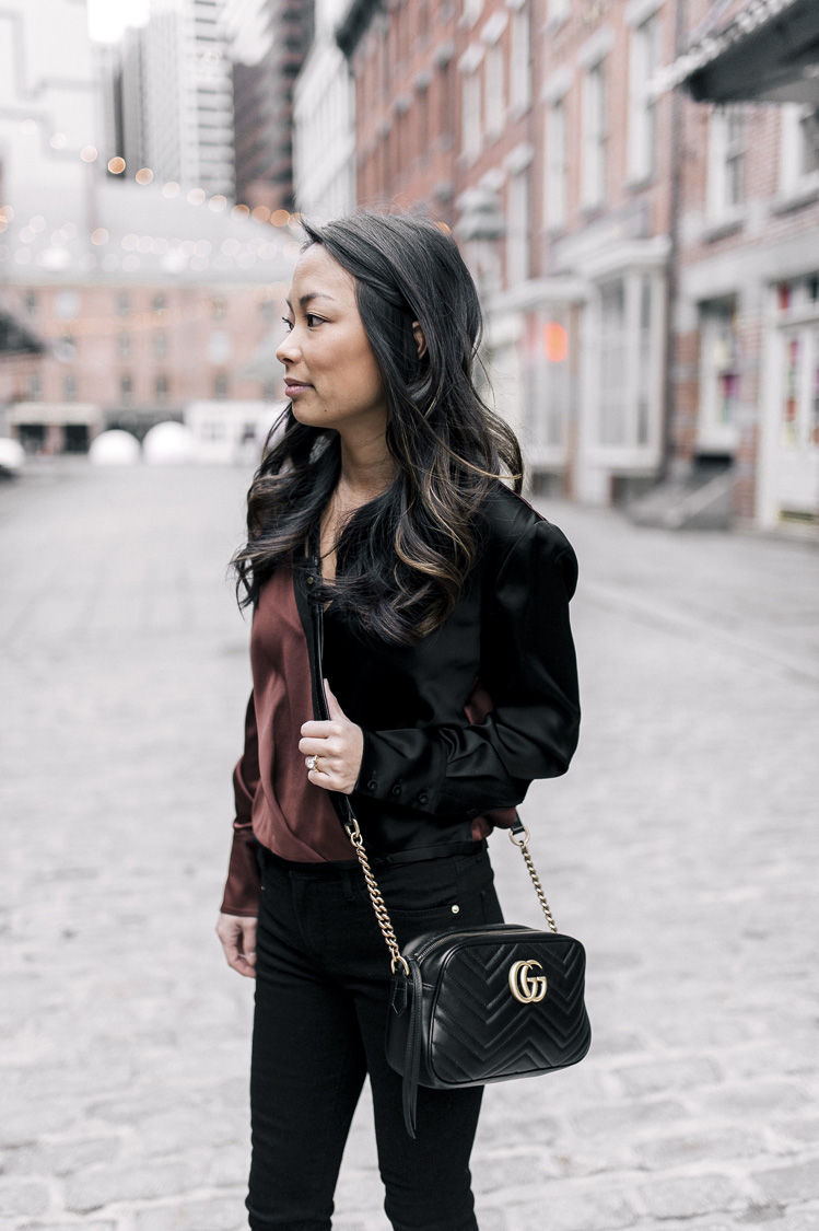 dvf blouse, gucci bag, suede booties, frame denim