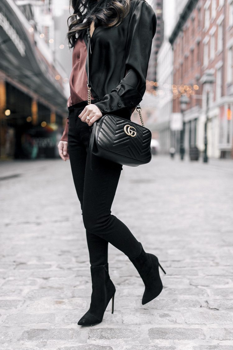 dvf blouse, gucci bag, suede booties, frame denim