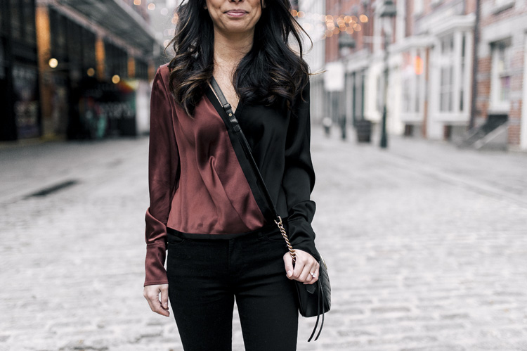 dvf blouse, gucci bag, suede booties, frame denim