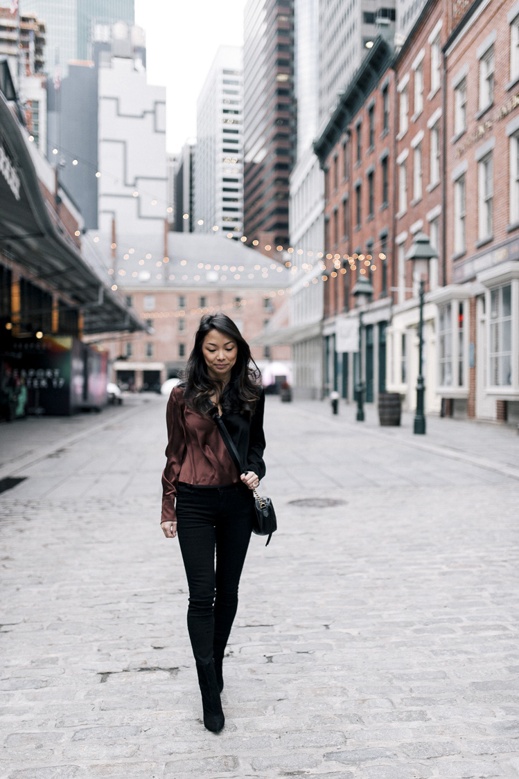 dvf blouse, gucci bag, suede booties, frame denim