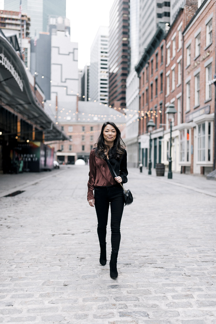 dvf blouse, gucci bag, suede booties, frame denim