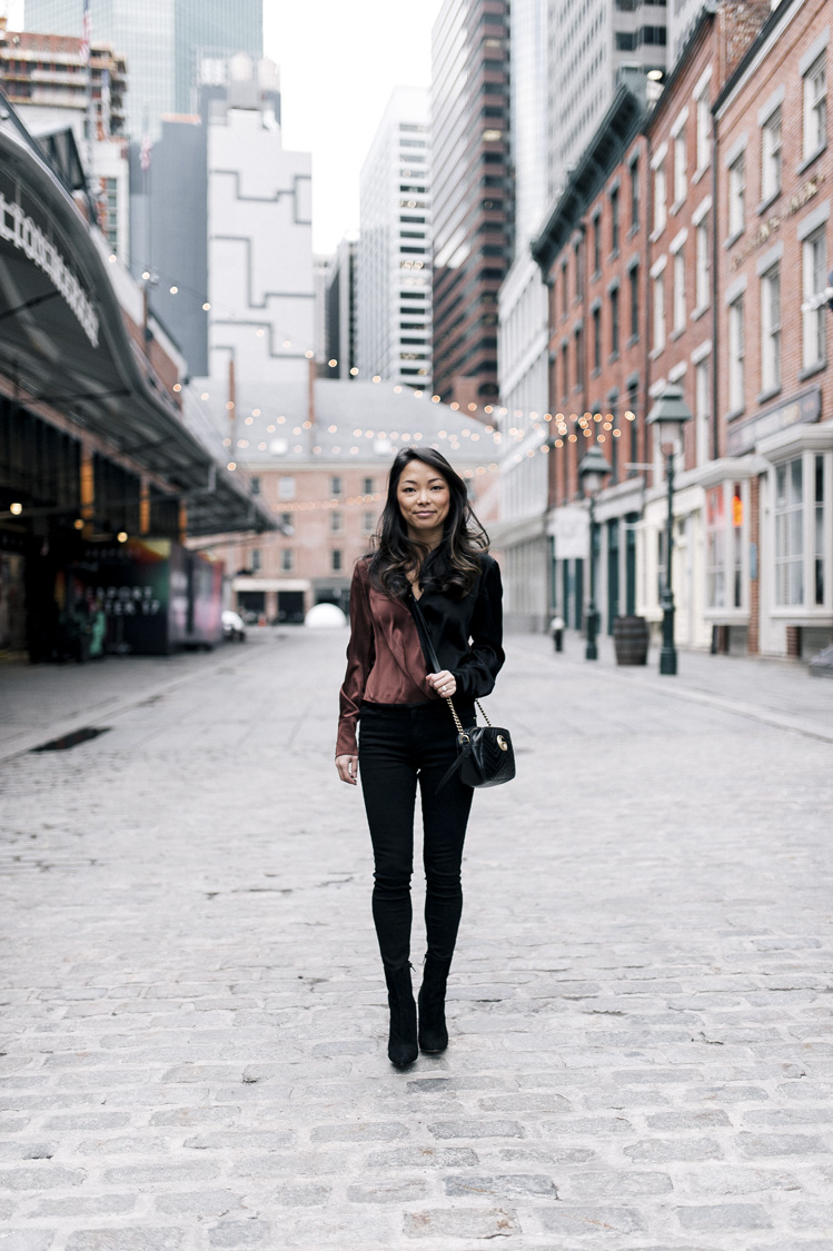 dvf blouse, gucci bag, suede booties, frame denim