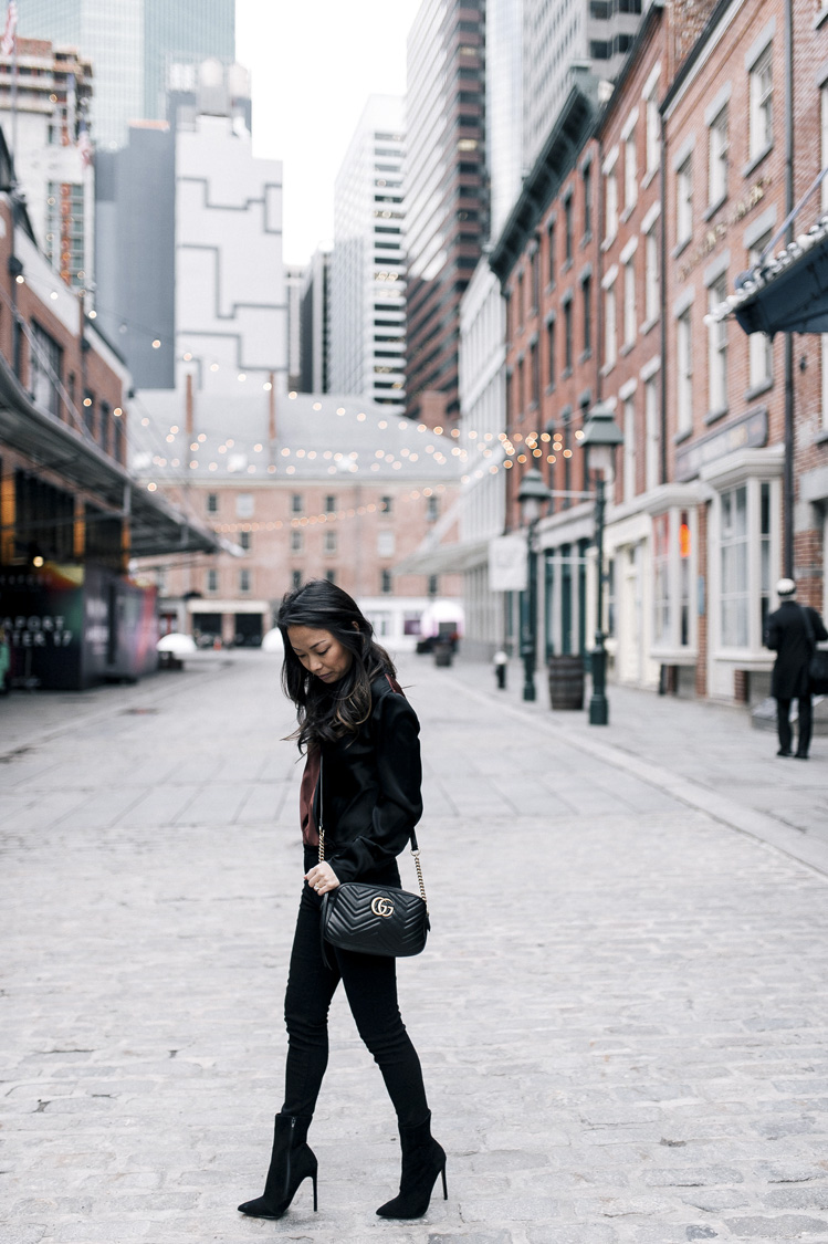 dvf blouse, gucci bag, suede booties, frame denim