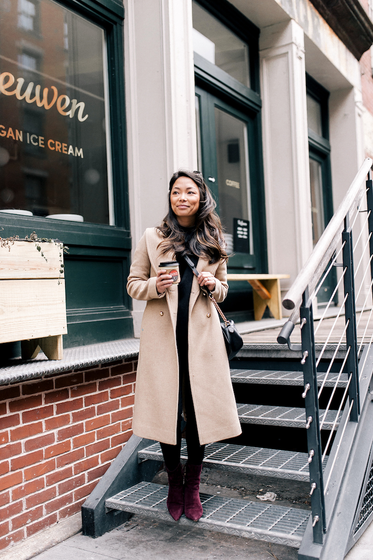 camel coat, club monaco coat, winter coats, booties, petite style