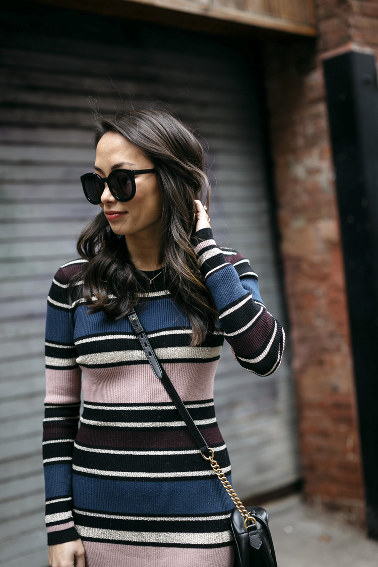 striped midi dress, booties, winter style, sweater dress