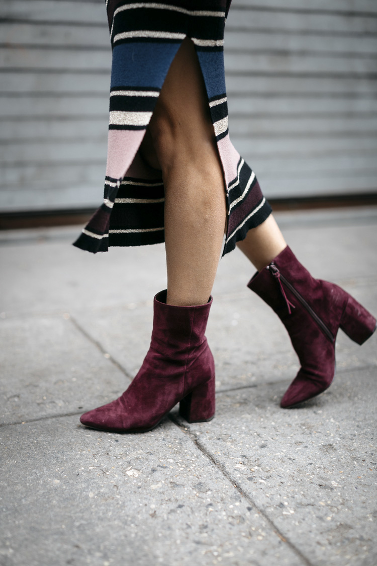 striped midi dress, booties, winter style, sweater dress