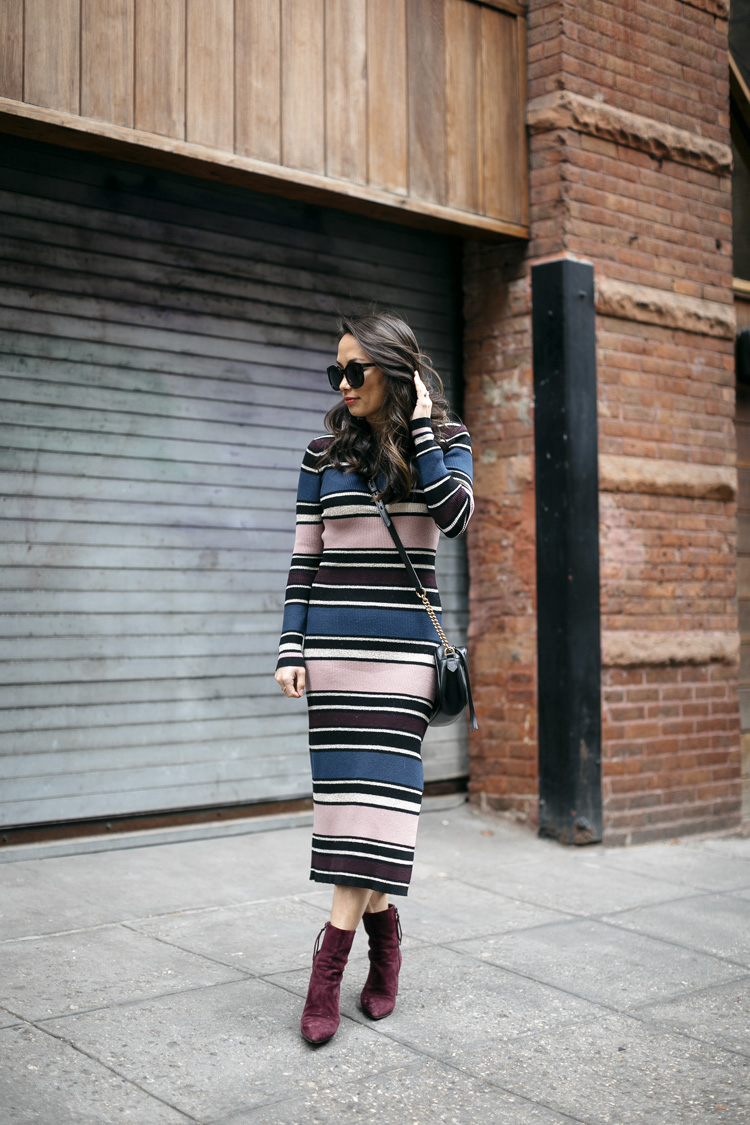 striped midi dress, booties, winter style, sweater dress