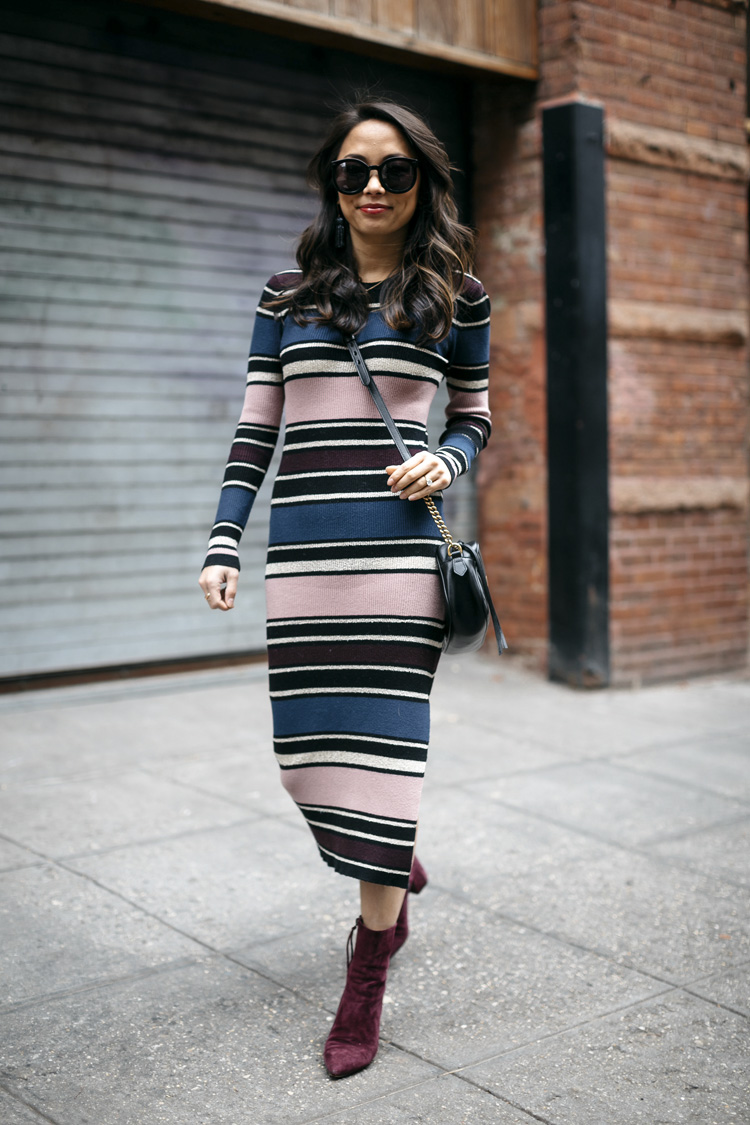 striped midi dress, booties, winter style, sweater dress