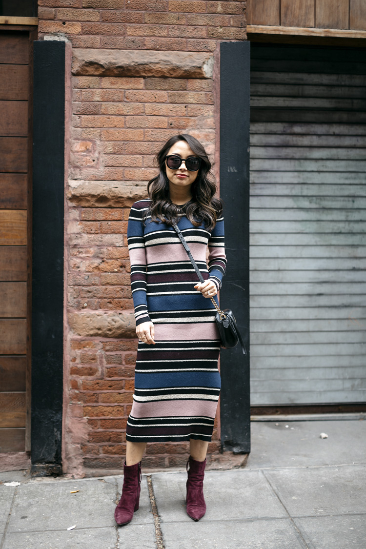 striped midi dress, booties, winter style, sweater dress