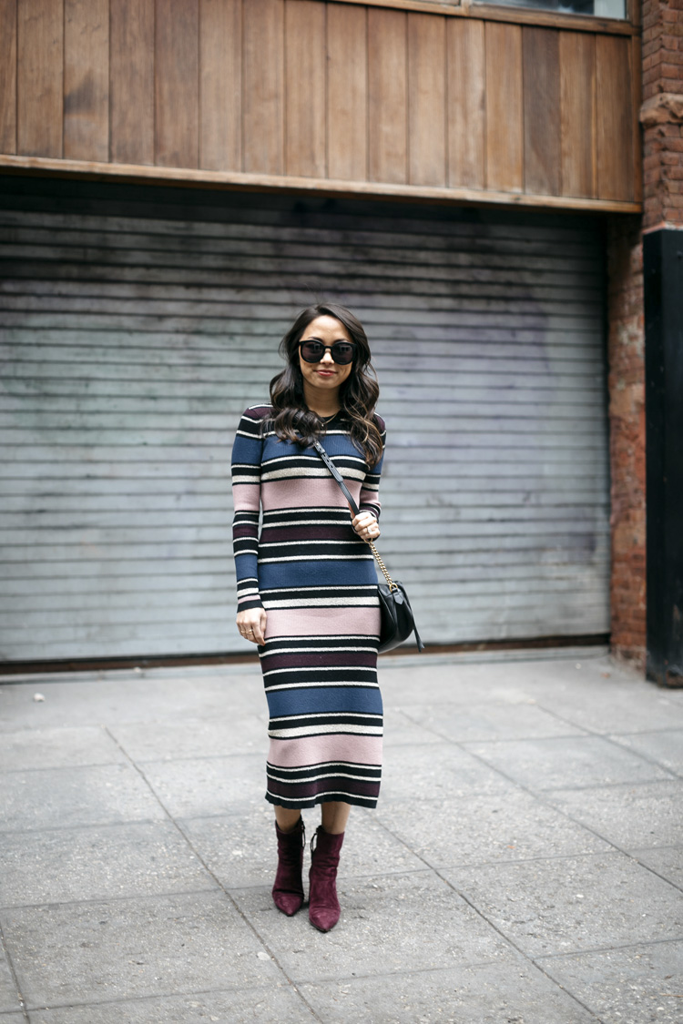 striped midi dress, booties, winter style, sweater dress