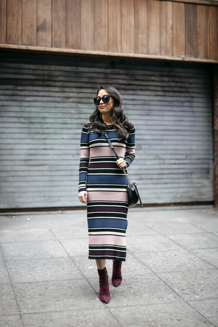 striped midi dress, booties, winter style, sweater dress