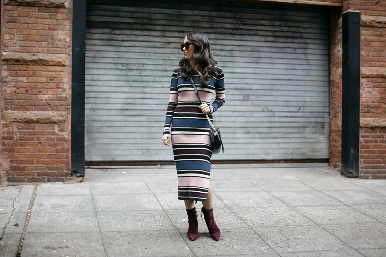 striped midi dress, booties, winter style, sweater dress