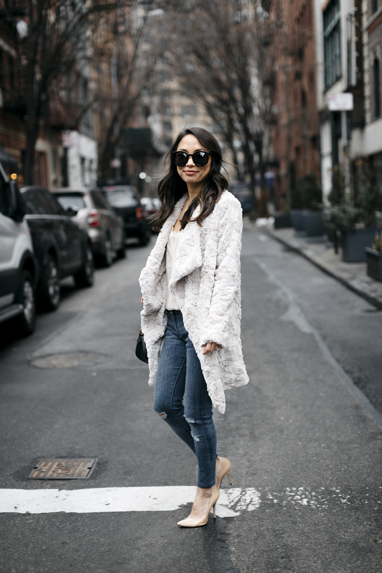 fuzzy jacket, dressing up jeans, petite style