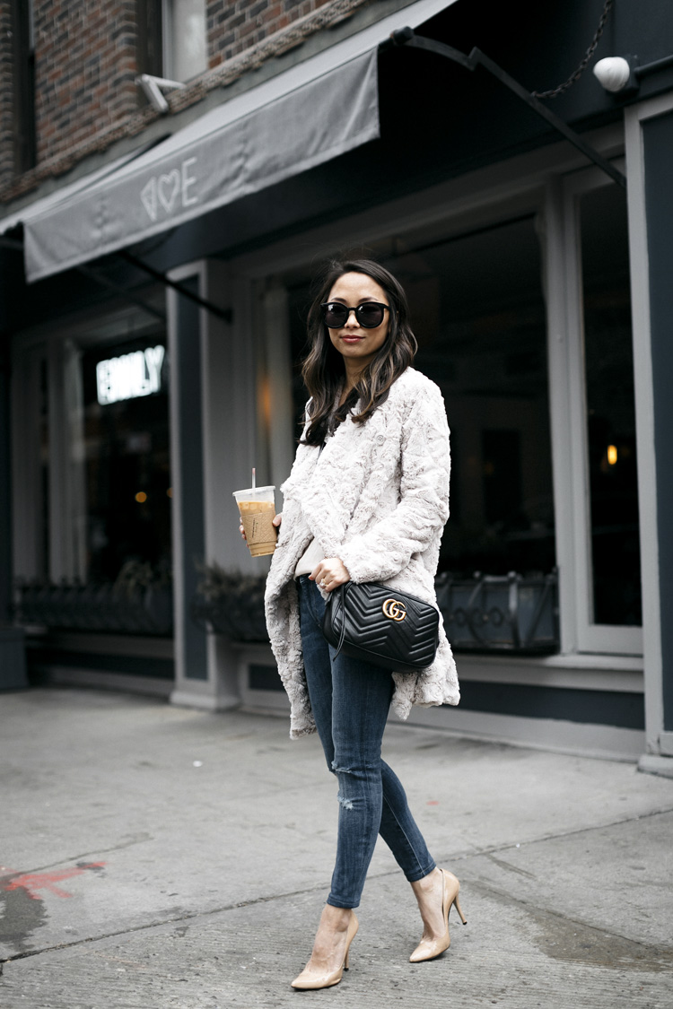 fuzzy jacket, dressing up jeans, petite style