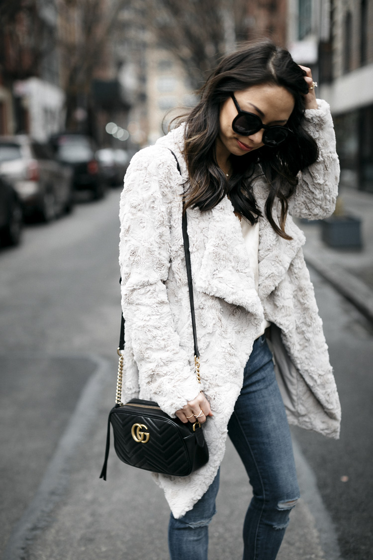 fuzzy jacket, dressing up jeans, petite style