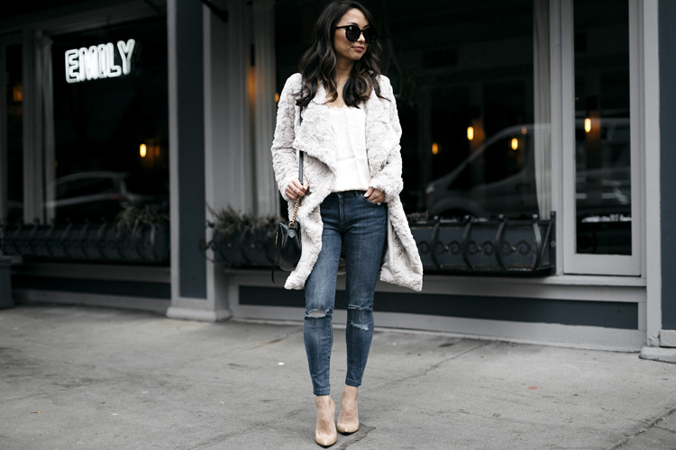 fuzzy jacket, dressing up jeans, petite style