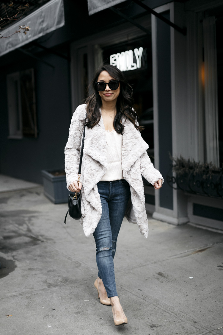 fuzzy jacket, dressing up jeans, petite style