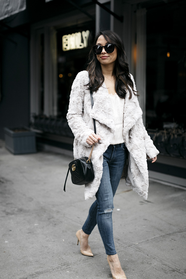 fuzzy jacket, dressing up jeans, petite style