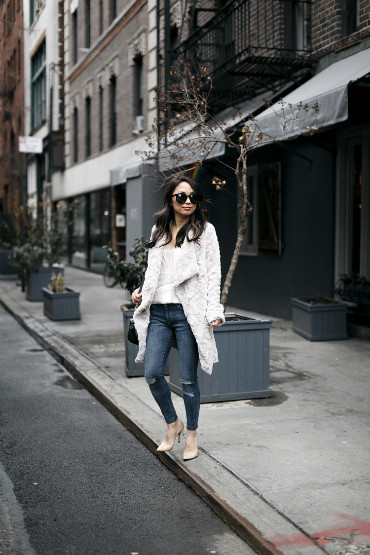 fuzzy jacket, dressing up jeans, petite style