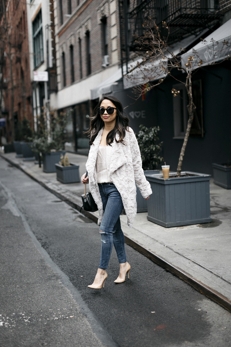 fuzzy jacket, dressing up jeans, petite style