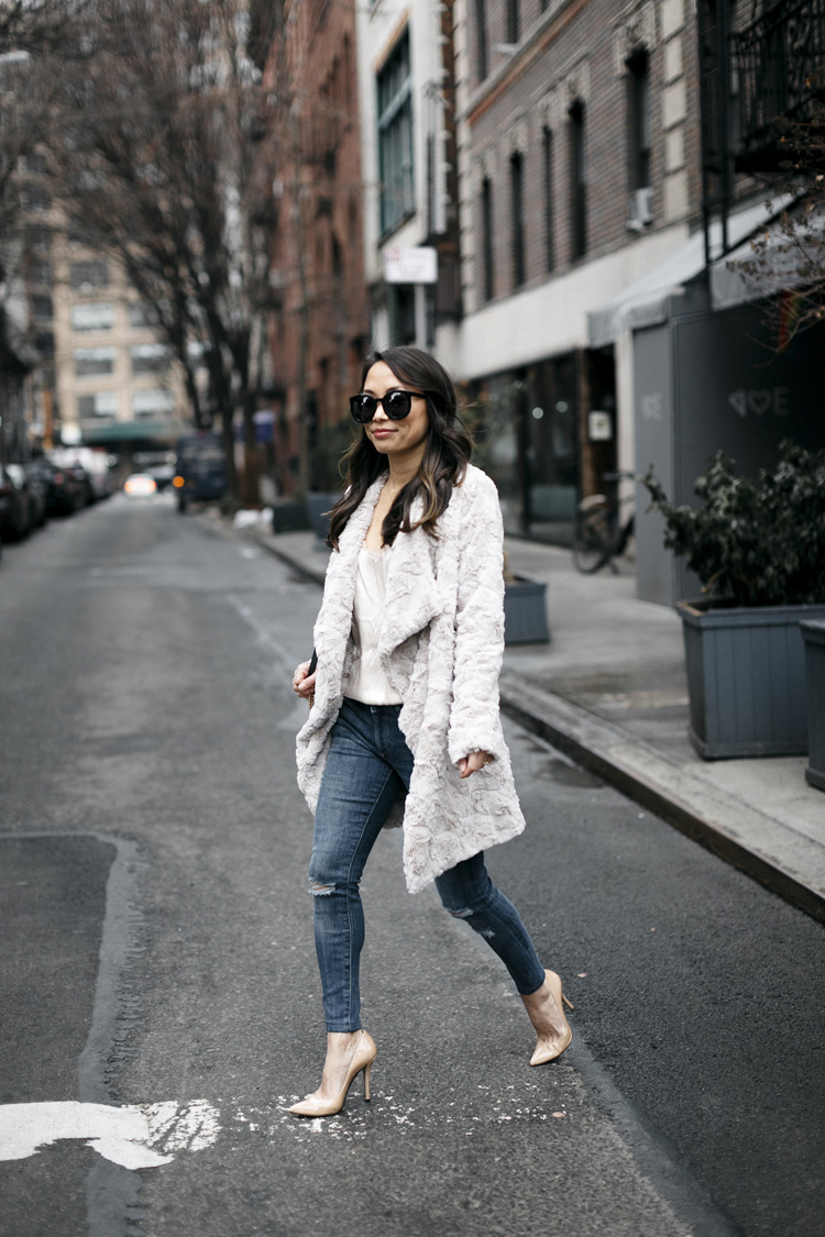 fuzzy jacket, dressing up jeans, petite style