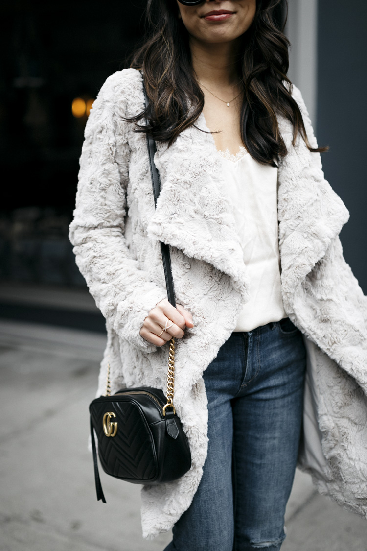 fuzzy jacket, dressing up jeans, petite style