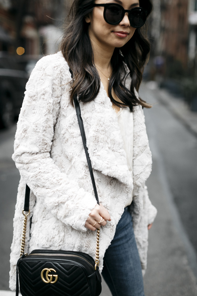 fuzzy jacket, dressing up jeans, petite style