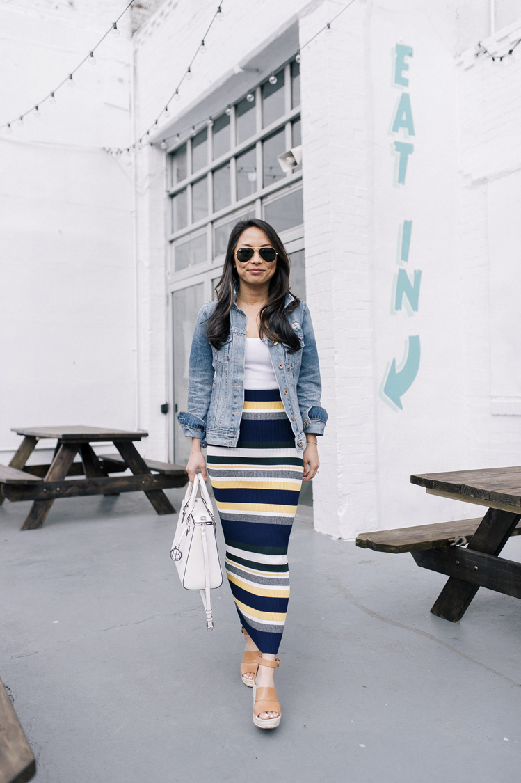 striped skirt, anthropologie, denim jacket, spring style