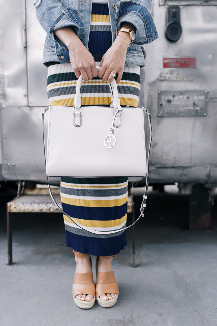 striped skirt, anthropologie, denim jacket, spring style