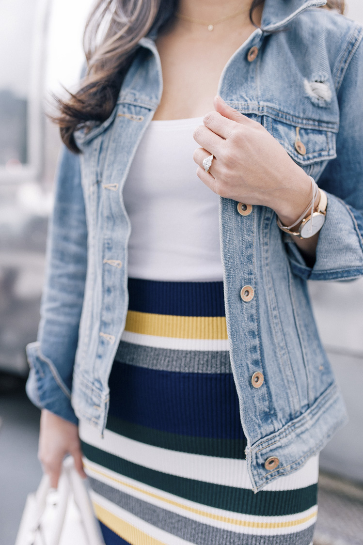 striped skirt, anthropologie, denim jacket, spring style