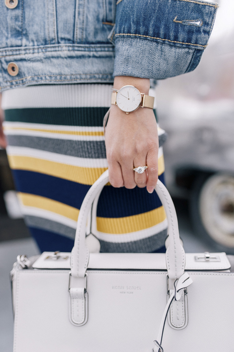 striped skirt, anthropologie, denim jacket, spring style