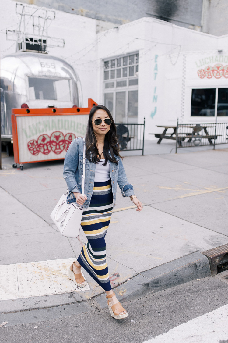 striped skirt, anthropologie, denim jacket, spring style