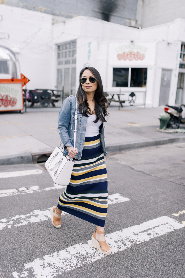 striped skirt, anthropologie, denim jacket, spring style