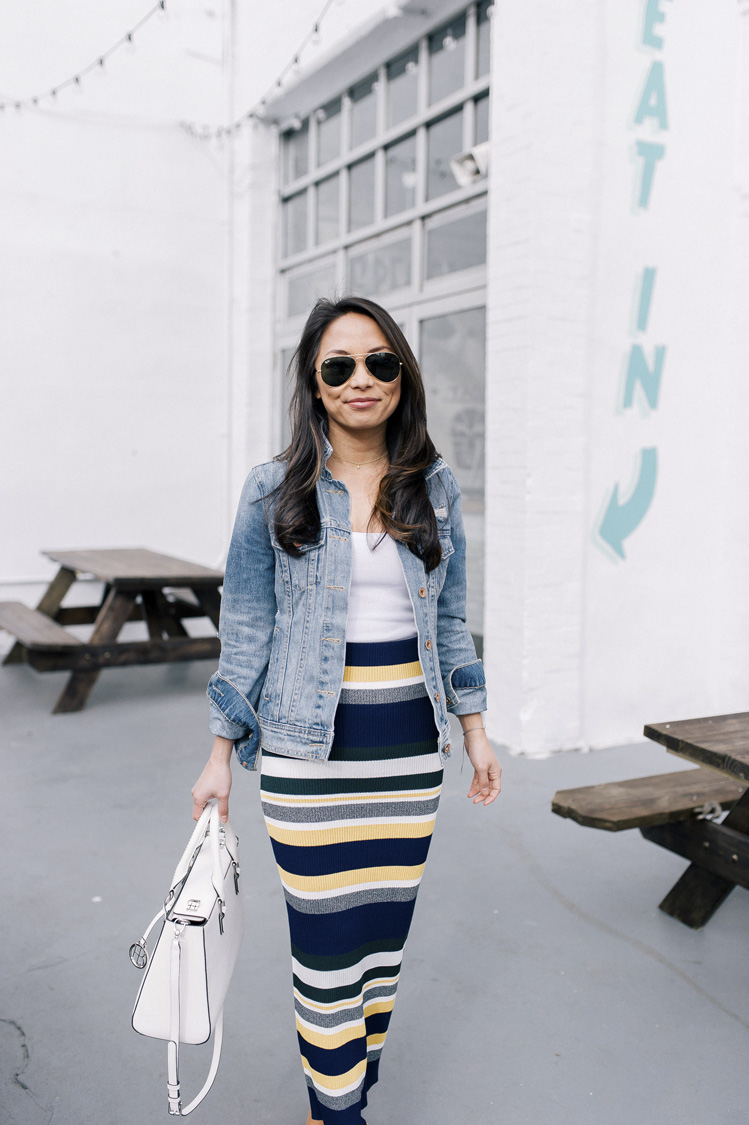 striped skirt, anthropologie, denim jacket, spring style