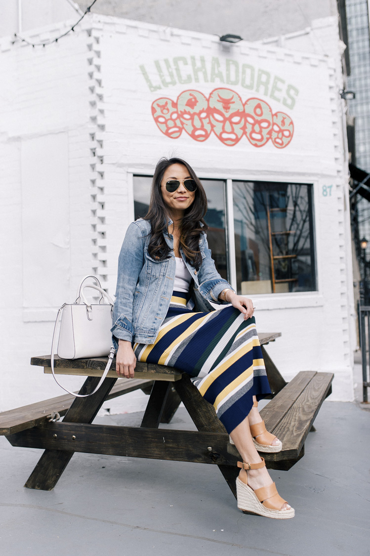 striped skirt, anthropologie, denim jacket, spring style