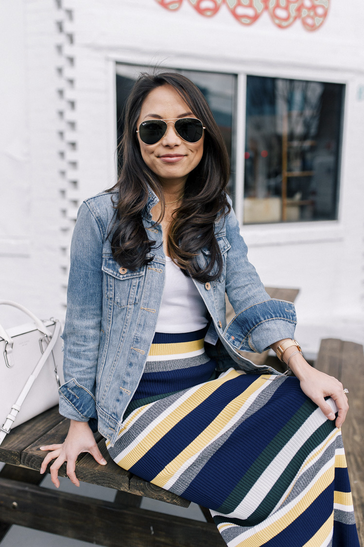 striped skirt, anthropologie, denim jacket, spring style