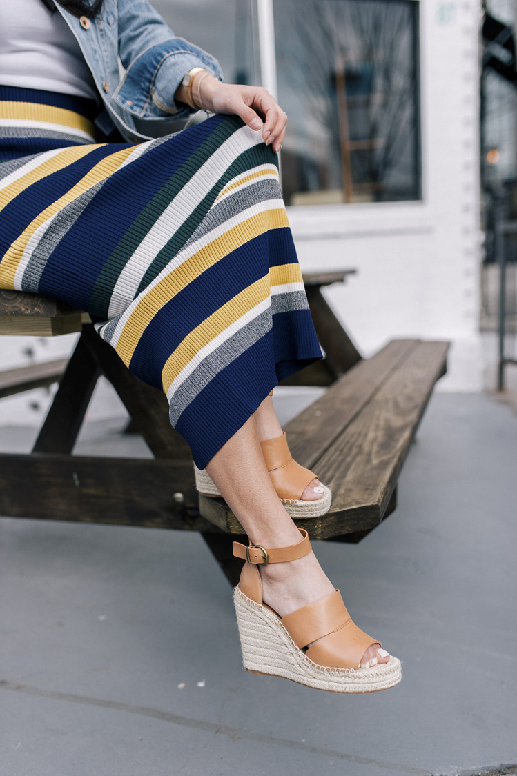 striped skirt, anthropologie, denim jacket, spring style