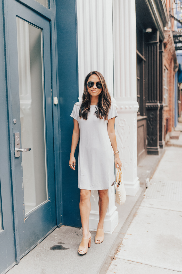 lou and grey, t shirt dress, mules, petite style