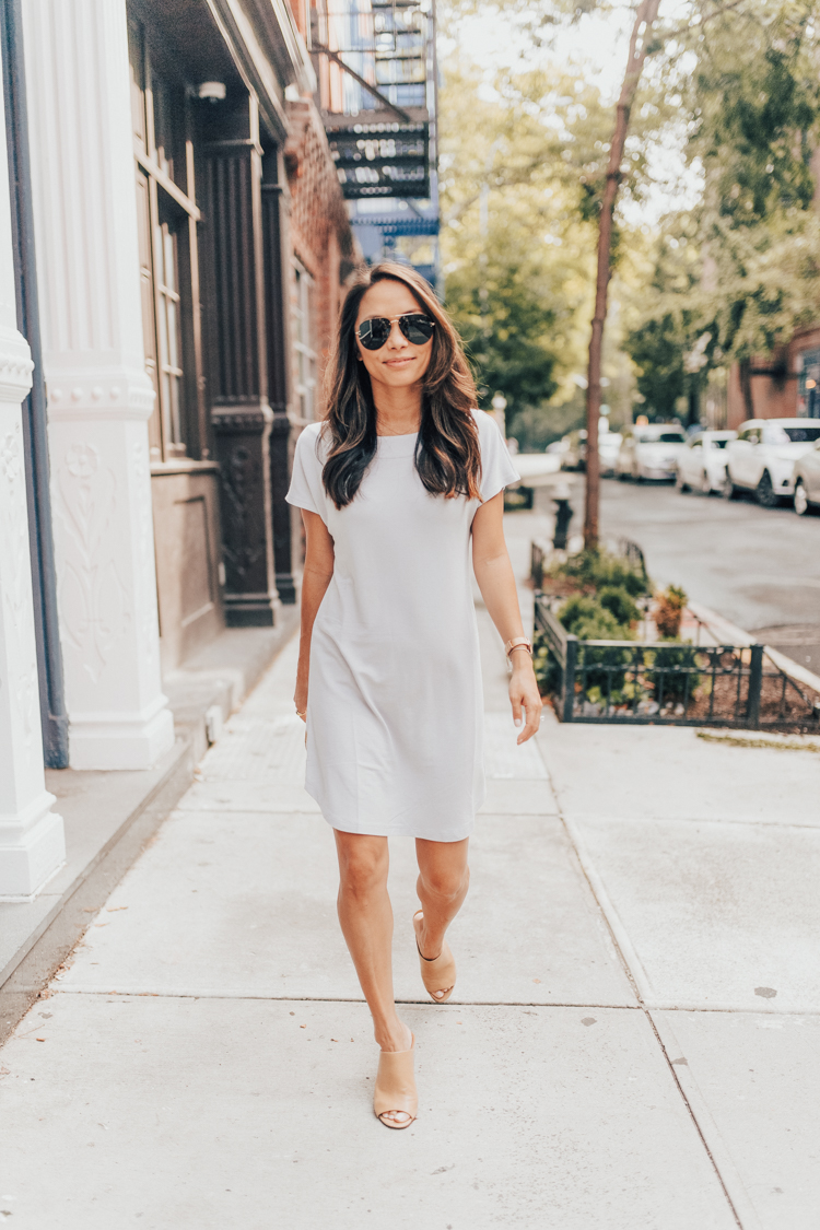 lou and grey, t shirt dress, mules, petite style