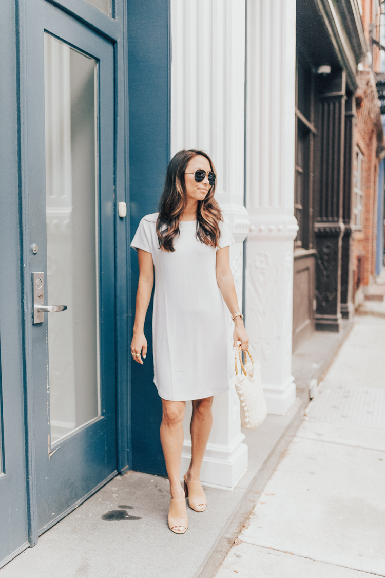 lou and grey, t shirt dress, mules, petite style