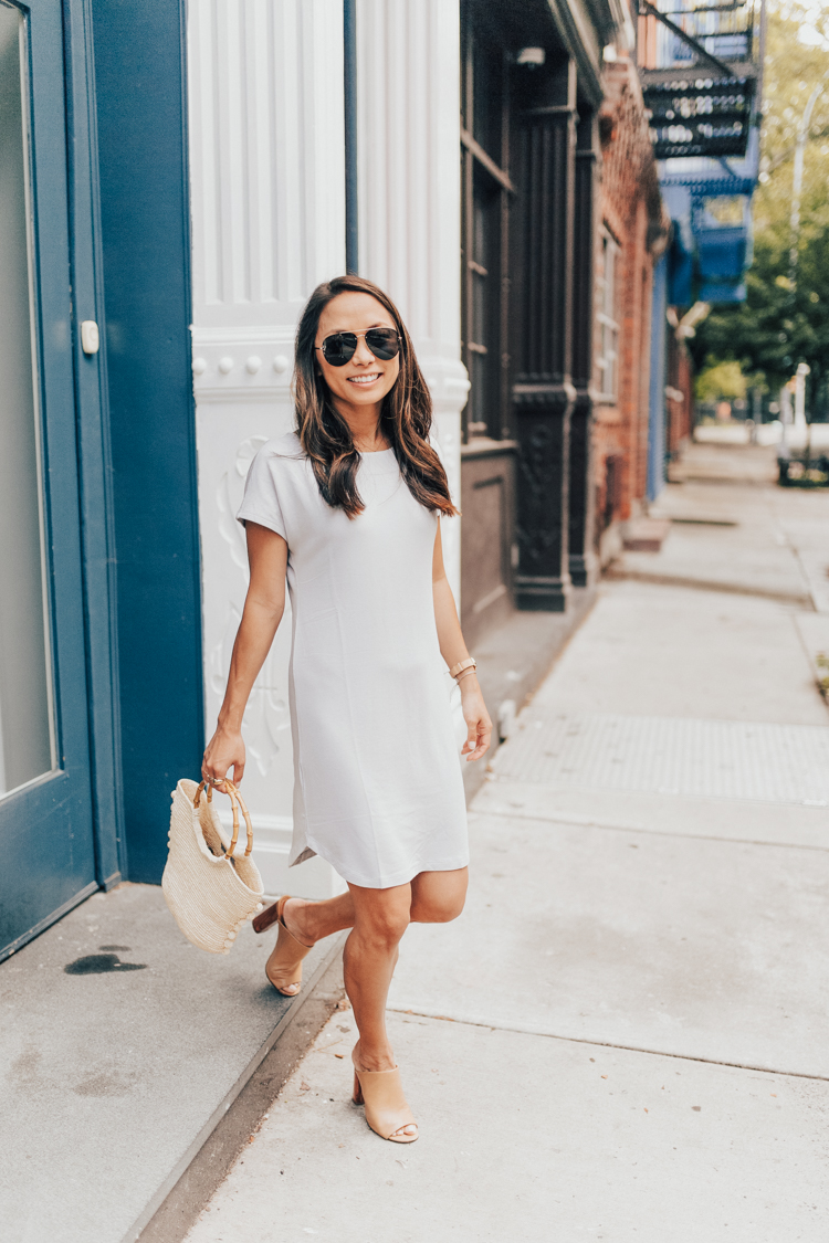 lou and grey, t shirt dress, mules, petite style