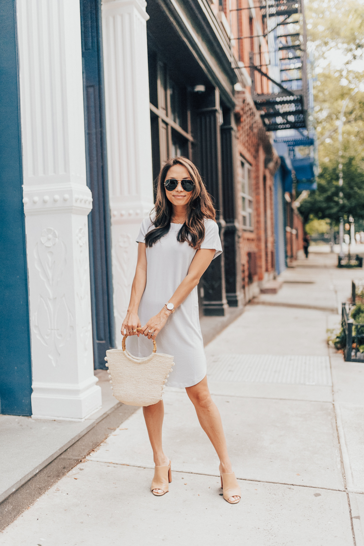 lou and grey, t shirt dress, mules, petite style